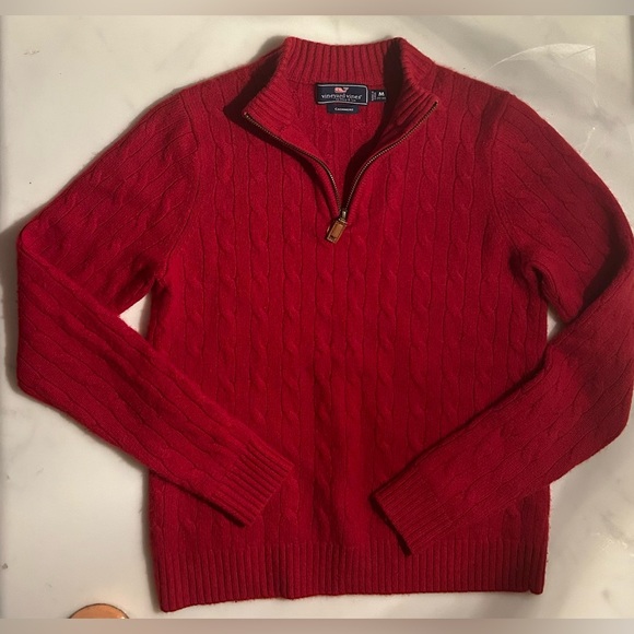 Vineyard Vines boys 100% cashmere red cable knit quarter zip sweater. Size 12-14 - Picture 1 of 12